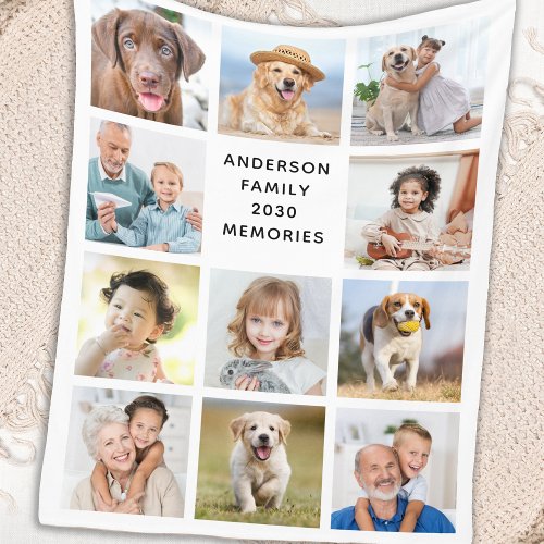 Family Personalized 11 Photo Collage Simple Modern Fleece Blanket
