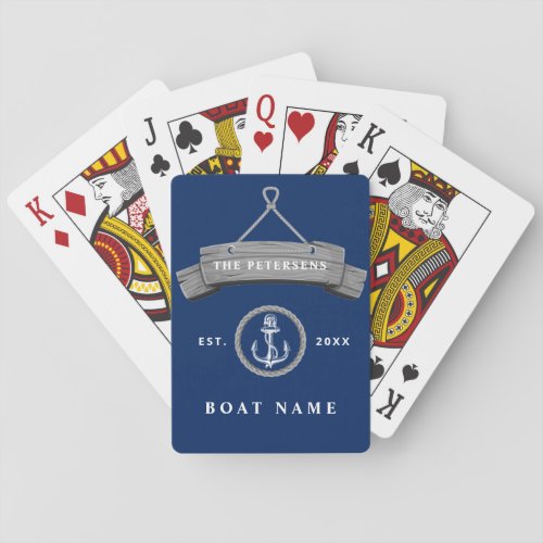 Family personalized boat name nautical navy blue poker cards