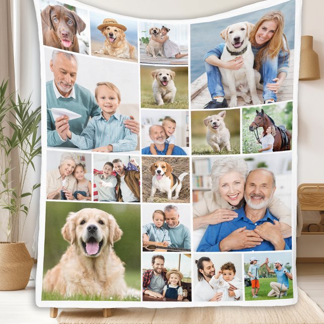 Family Personalized Modern Simple 18 Photo Collage Fleece Blanket (Creator Uploaded)