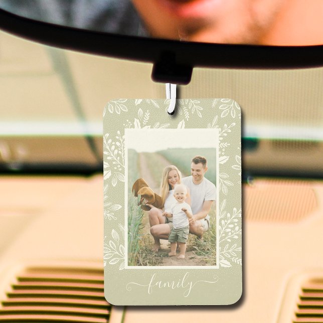 FAMILY Personalized Photo Car Air Freshener (Your photo and the word FAMILY an a sage green car air freshener with a white botanical border)