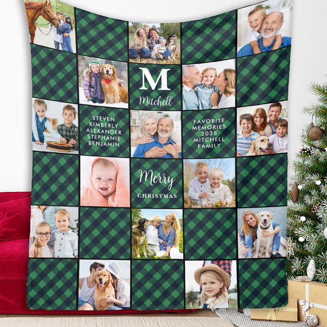 Family Personalized Photo Collage Patchwork Plaid Fleece Blanket (Creator Uploaded)