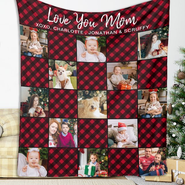Family Personalized Red Plaid 13 Photo Collage Fleece Blanket (Creator Uploaded)