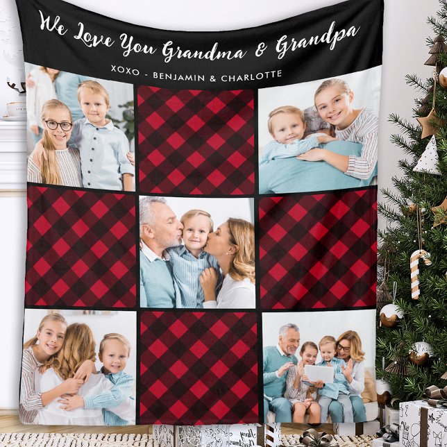 Family Personalized Red Plaid 5 Photo Collage Fleece Blanket (Creator Uploaded)