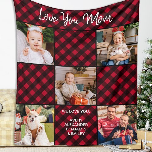Family Personalized Red Plaid 5 Photo Collage Fleece Blanket