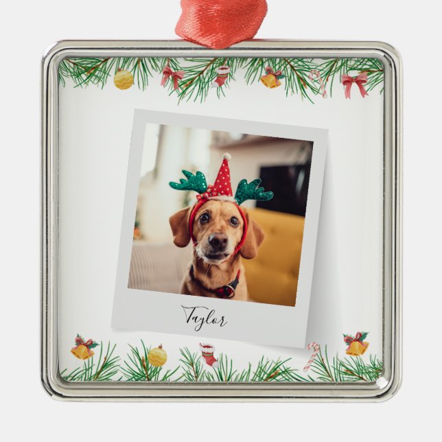 Family Pet Cute Dog Photo Christmas Holiday Metal Ornament (Front)
