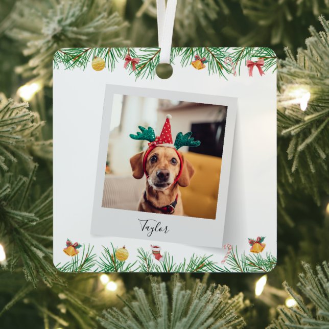 Family Pet Dog Photo Christmas Metal Ornament (Insitu)