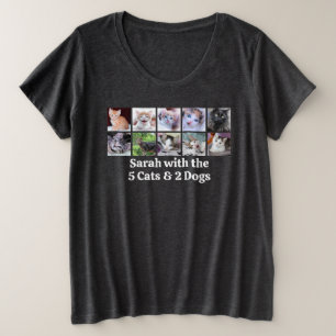 Family Pet Photo Collage Black with White Text Plus Size T-Shirt