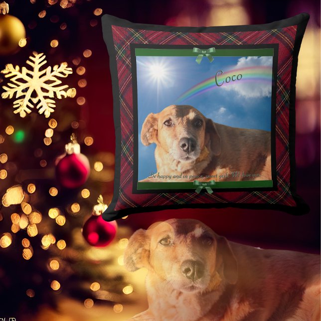 Family Pet Photo Red Tartan Plaid Rainbow Bridge Throw Pillow ("Rainbow Bridge" beloved pet's name in the sky family Christmas throw pillow)