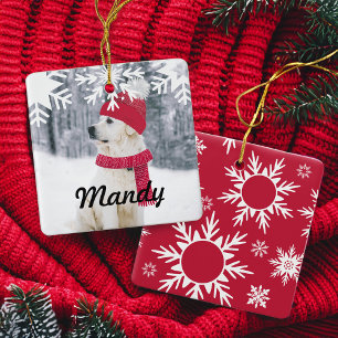 Family & Pet Photo Winter Hat & Scarf Snowflake Ceramic Ornament