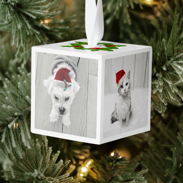 Family Pets Photos Christmas Holiday Fun Cube Ornament (Tree)