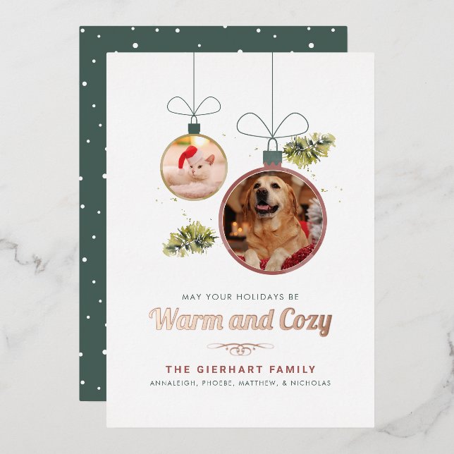 Family Pets Photos Christmas Rose Gold Foil Holiday Card (Front/Back)