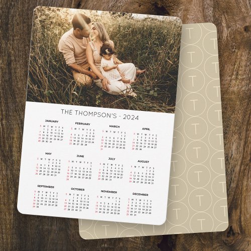 Family Photo 2024 Calendar 12 Month Monogram Holiday Card