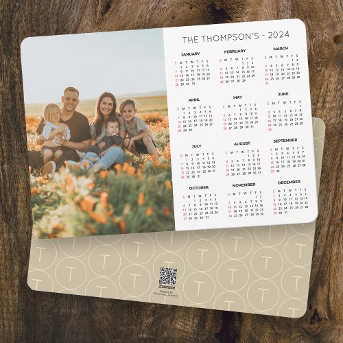 Family Photo 2024 Calendar 12 Month Monogram Holiday Card