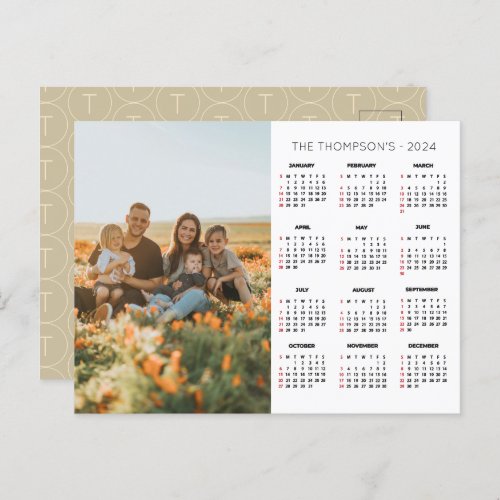 Family Photo 2024 Calendar 12 Month Monogram Holiday Postcard