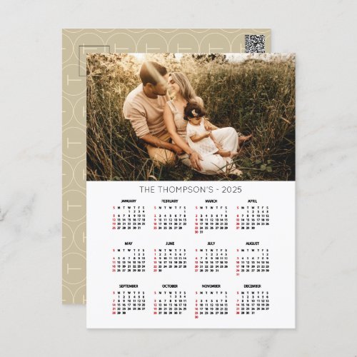 Family Photo 2025 Calendar 12 Month Monogram Holiday Postcard