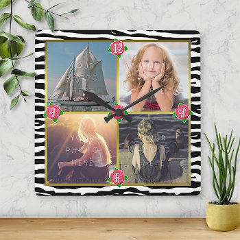 Family Photo Add 4 Custom Pictures | Zebra Roses Square Wall Clock by PictureCollage at Zazzle