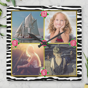 Family Photo Add 4 Custom Pictures Zebra Roses Square Wall Clock