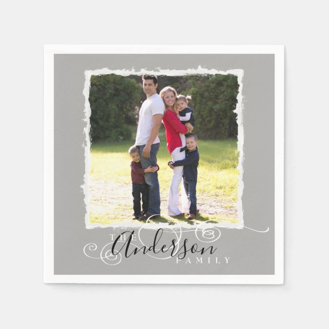 Family Photo Add Name Gray Napkins (Front)