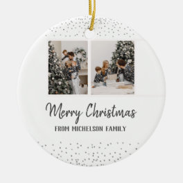 Family Photo and name Christmas Confetti Silver Ceramic Ornament