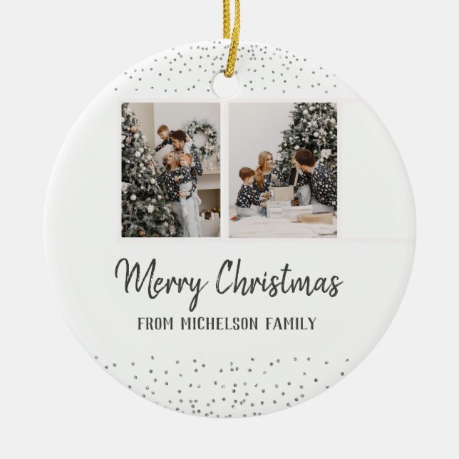 Family Photo and name Christmas Confetti Silver Ceramic Ornament (Front)