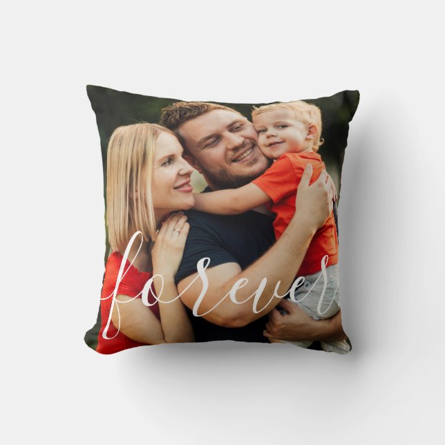 Family Photo and Name Script Forever Throw Pillow (Front)