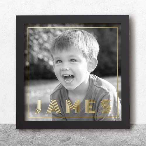 Family photo and name thin border gold or silver foil prints