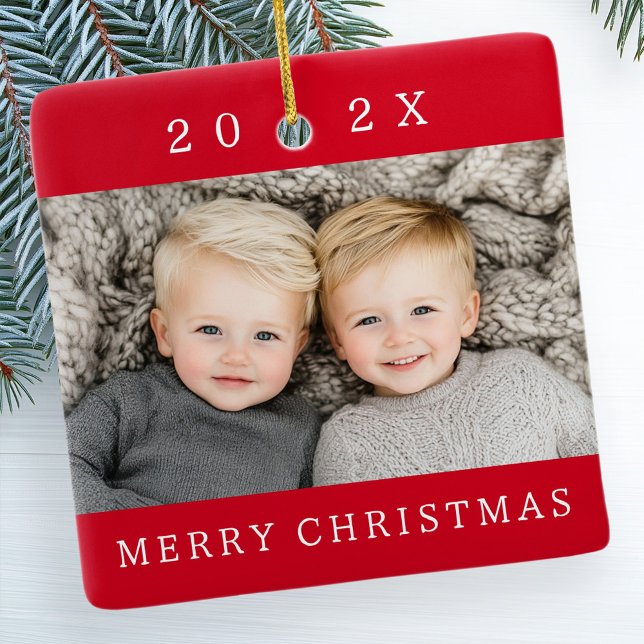 Family photo and year red Merry Christmas Ceramic Ornament (Family photo and year red Merry Christmas Ceramic Ornament)