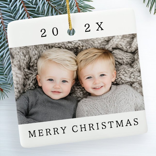 Family photo and year white Merry Christmas Ceramic Ornament (Family photo and year white Merry Christmas Ceramic Ornament)