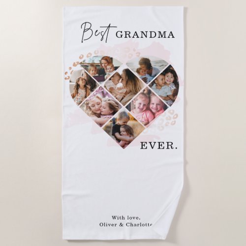 Family Photo Best Grandma Ever Heart Shape 8 Photo Beach Towel