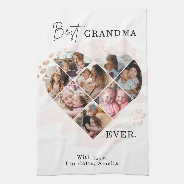 Family Photo Best Grandma Ever Heart Shape 8 Photo Kitchen Towel (Vertical)