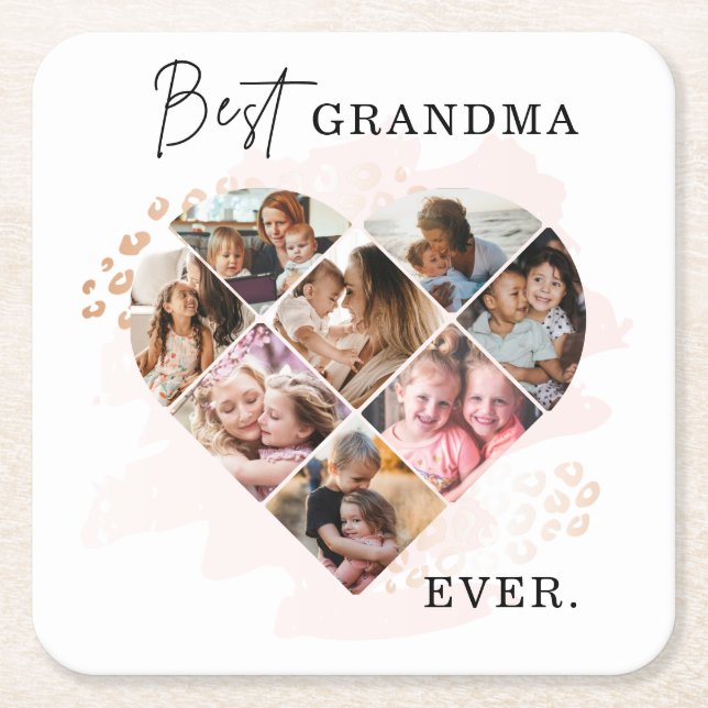 Family Photo Best Grandma Ever Heart Shape 8 Photo Square Paper Coaster (Front)