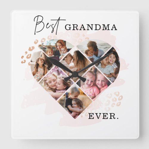 Family Photo Best Grandma Ever Heart Shape 8 Photo Square Wall Clock