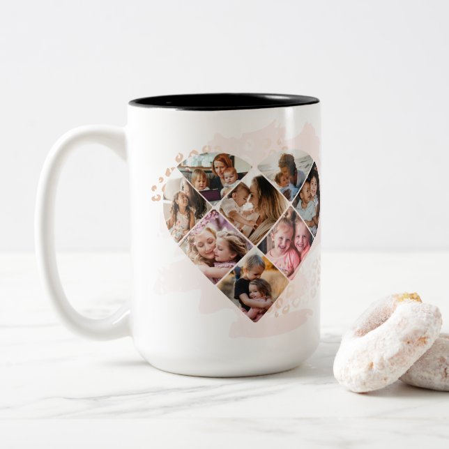 Family Photo Best Grandma Ever Heart Shape 8 Photo Two-Tone Coffee Mug (With Donut)