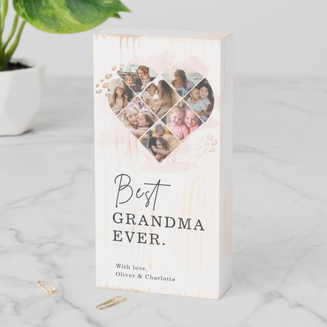 Family Photo Best Grandma Ever Heart Shape 8 Photo Wooden Box Sign (In Situ Vertical)