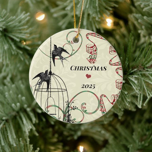 Family Photo Birds & Bird Cage on Damask Ceramic Ornament (Tree)