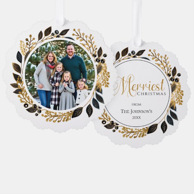 Family Photo Black Gold Wreath Merriest Christmas  Ornament Card (Front/Back)