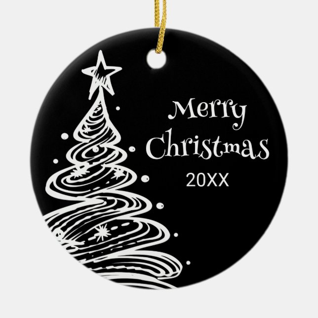 Family Photo Black White Christmas Tree Gift Ceramic Ornament (Front)