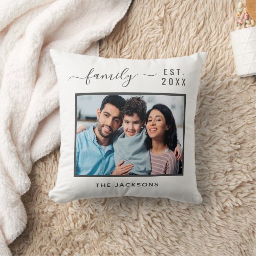 Family photo black white name year established throw pillow