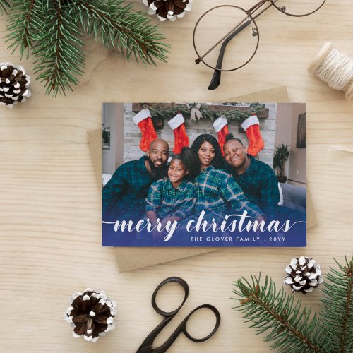 Family Photo Blue Calligraphy Merry Christmas Holiday Card