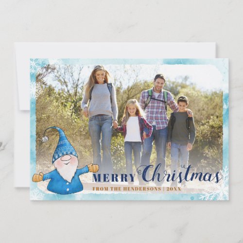 Family Photo Blue Cute Gnome Christmas Holiday Card