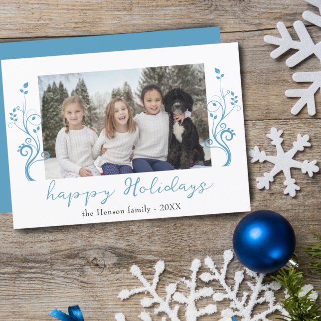 Family Photo Blue Foliage Christmas Happy  Holiday Card (Creator Uploaded)