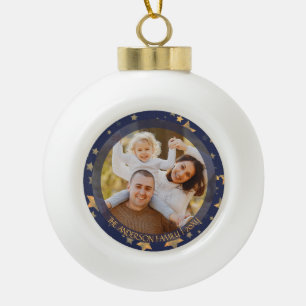 Family Photo Blue Gold Star Elegant Holiday Ceramic Ball Christmas Ornament