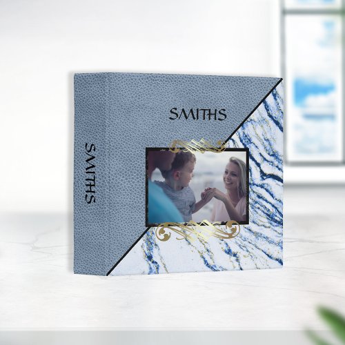 Family Photo Blue Marble Leather Scrapbook 3 Ring Binder