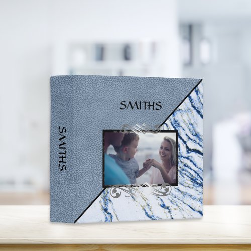 Family Photo Blue Marble Leather Scrapbook 3 Ring Binder