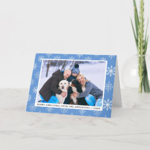 Family Photo Blue Merry Christmas Snowflakes Holiday Card