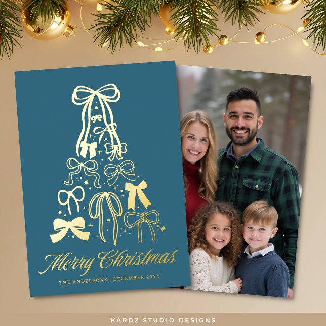 Family Photo Bows Blue Christmas Gold Foil Card (Front and back, real gold foil card shown in 5 x 7 inches)