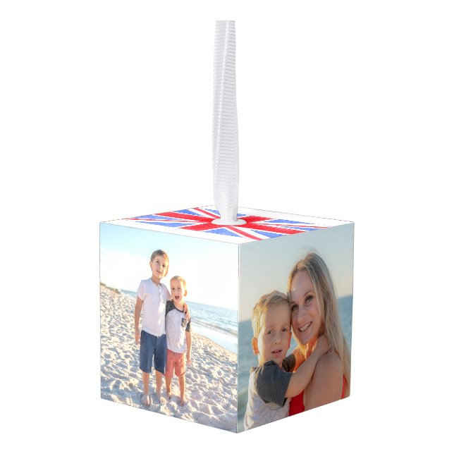 Family Photo British Union Jack PERSONALIZE Cube Ornament (Back Angled)