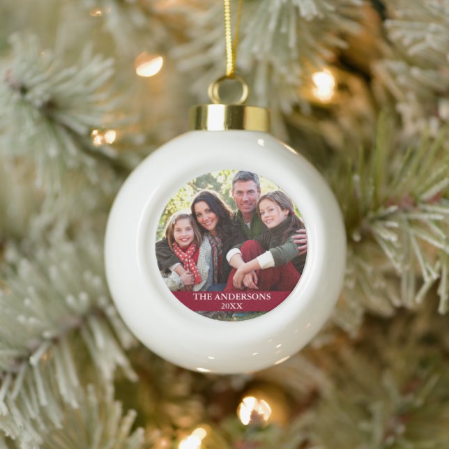 Family Photo Burgundy Ceramic Ball Christmas Ornament (Tree)