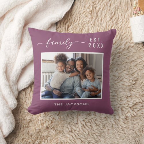 Family photo burgundy name script throw pillow