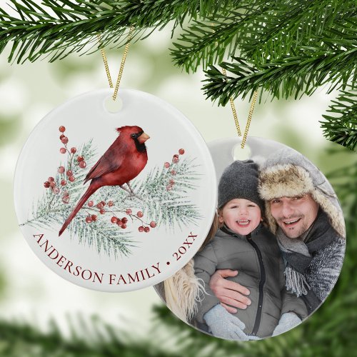 Family Photo Cardinal on Snowy Pine Christmas Ceramic Ornament